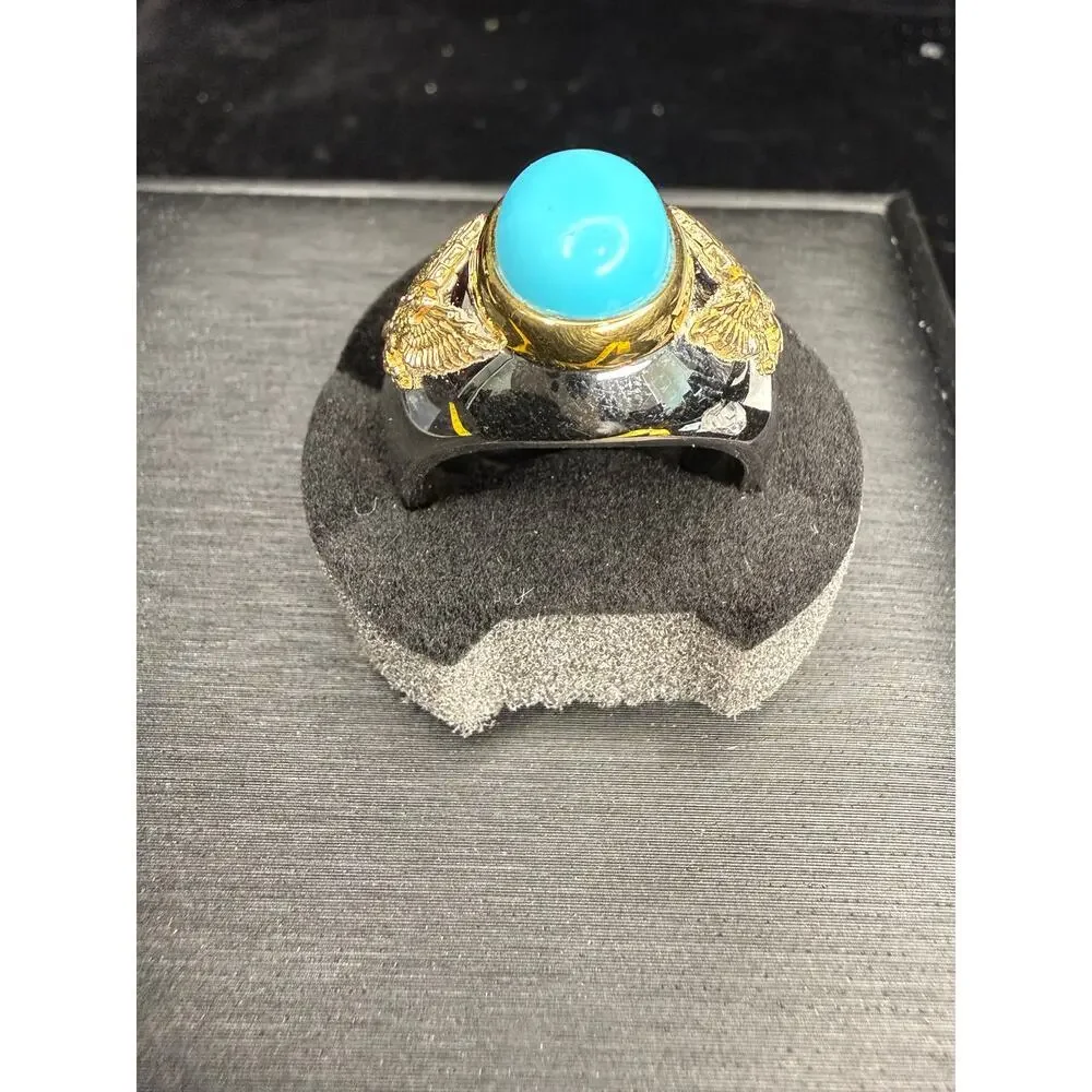 Solid 925 Sterling Silver And Solid 10k Yellow Gold Turquoise Stone Size 10 Ring